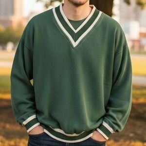 Vintage 90s Pluma XXL Green White Striped V-Neck Heavyweight Pique Sweatshirt